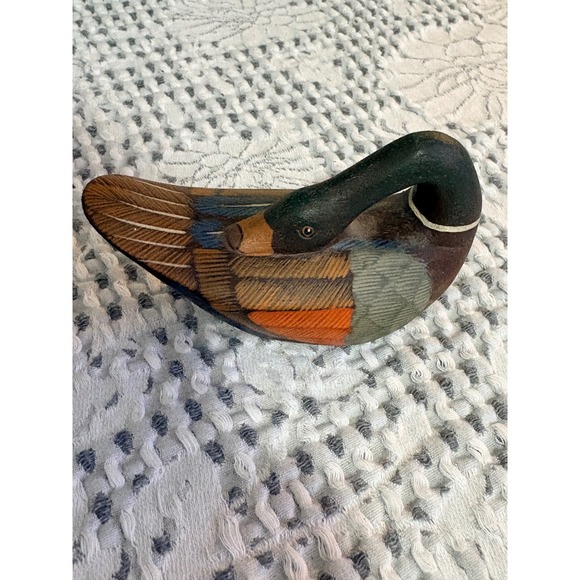 Other - Hand Painted Carved Wood Mallard Duck Decoy Figurine Sleeping Preening Folk Art